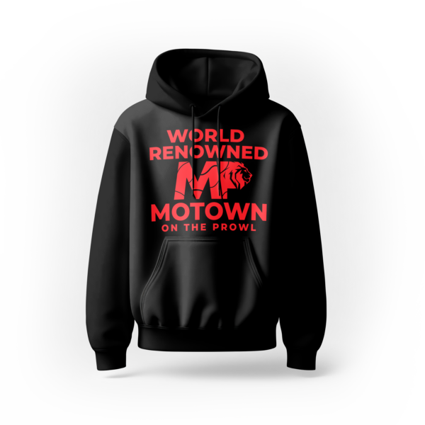 A black hoodie with the words " world renowned motown on it."