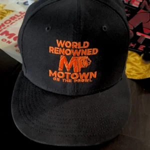 Black cap with orange 'World Renowned Motown' logo.